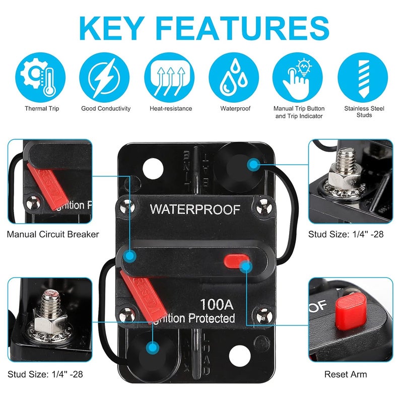 NOWEIERTON 100 Amp Waterproof Circuit Breaker,,with Manual Reset,12V-48V DC,30A-300A,for Car Marine Trolling Motors Boat ATV Manual Power Protect Audio System Current Overload Protection - Image 5